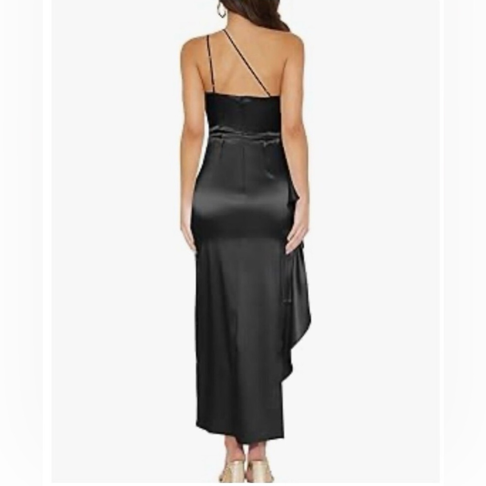 NEW Black Satin 1 Shoulder Long Sleeve High Slit Maxi Dress Sz Medium!  NEW!! - Picture 4 of 6